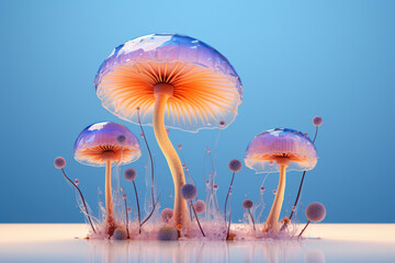 Wall Mural - Group of purple mushrooms sitting on top of table. This image can be used to depict nature, mushroom cultivation, or as background for fantasy-themed designs.