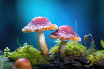 Wall Mural - Picture of couple of mushrooms sitting on top of moss-covered ground. Perfect for nature enthusiasts and those looking for images of mushrooms in their natural habitat.