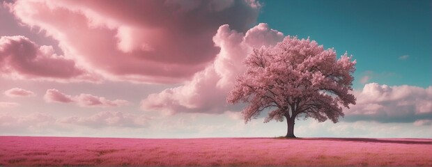 Wall Mural - Spring wallpaper. A pink blossoming tree standing alone on a grass field against a pink cloudy sky. Beautiful spring nature scene.