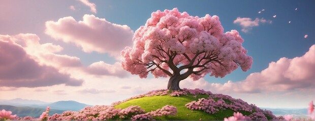 Wall Mural - Spring wallpaper. A pink blossoming tree standing alone on a grass field against a pink cloudy sky. Beautiful spring nature scene.