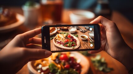 Woman using smartphone to take photos of food on the table, woman with food, photography technology