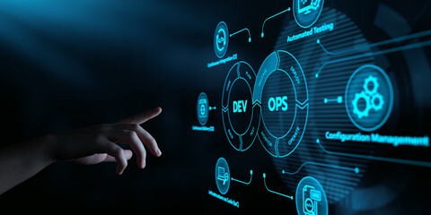 DevOps Dev Ops software development. Business Technology Automation Process Concept