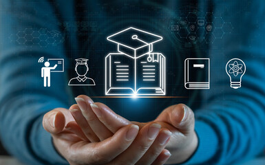 Wall Mural - human with technology internet learning and study online class webinar technology, e-learning, onlin