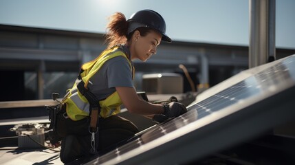 Sticker - Female worker with hard work outdoors, woman with solar panels, woman at construction site