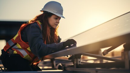 Canvas Print - Female worker with hard work outdoors, woman with solar panels, woman at construction site