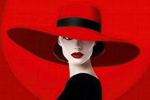 A Woman In Red Hat On A Red Background, Elegant Lines, Very Glamorous