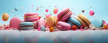 Different Types Of Macaroons In Motion Falling On A Colorful Background