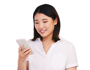 Search, phone or Asian woman typing on internet, reading email on app online or social media communication. Smartphone, happy person scroll or mobile technology isolated on transparent png background