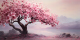 Fototapeta Sypialnia - Cherry blossom tree stands in full bloom with branches adorned with delicate pink and white flowers.