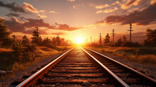 Railway Track In A Rural Scene At Sunrise Time,Detailed View Of Scene Featuring Sunset Over Railway.