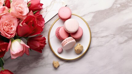 Poster -  a white plate topped with pink macaroons next to a bouquet of pink roses and a gold plate with macaroons on it.  generative ai