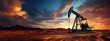 Working Pumpjacks On Sunrise. Silhouette of oil pump jack on rig. Oil drilling company growth. Financial and commodity markets. Ai generative.