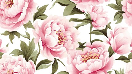 Wall Mural -  a bunch of pink flowers with green leaves on a white background with a pink and green floral pattern on it.  generative ai