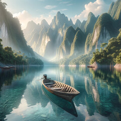 Canvas Print - boat on a lake with mountains in the background
