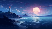 Tranquil Night Landscape Featuring A Serene Ocean View Illuminated By A Single Lighthouse