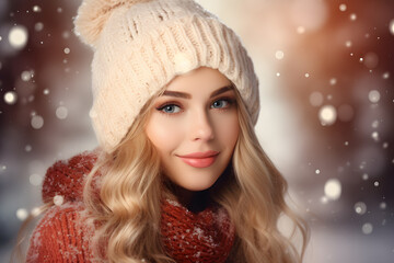 Pretty blond woman with knitted winter hat with snow in blurry background