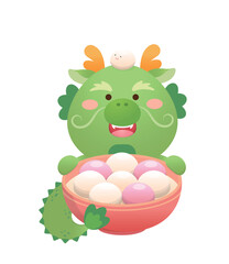 Wall Mural - Cute dragon character or mascot, glutinous rice dumpling with glutinous rice balls for Lantern Festival or Winter Solstice, Asian sticky rice sweet food, vector cartoon style