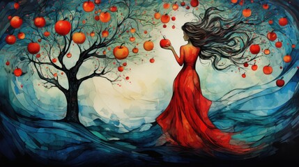 Poster -  a painting of a woman in a red dress standing in front of an apple tree with apples falling from it.  generative ai