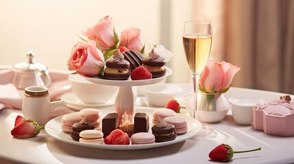 Sticker -  a white table topped with a plate of desserts and a glass of champagne next to a vase of roses.  generative ai