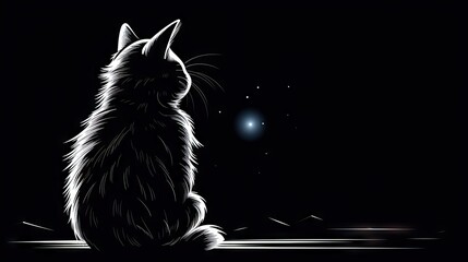 Poster -  a black and white drawing of a cat sitting on the ground looking up at the stars in the night sky.  generative ai