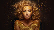 striking portrait of a woman adorned with golden glitter and a mysterious gaze