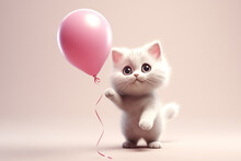 Smiling Cat Holding A Pink Heart Shaped Balloon For Valentine Day Or Birthday.