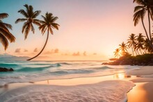 A Tranquil, Tropical Beach At Sunrise, Where Palm Trees Frame The View Of The Calm Ocean. The Sky Is Painted In Soft Pastel Colors, And The Waves Gently Kiss The Shore. --
