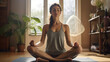 © ImageFlow - A girl with practicing yoga in her room, meditating in lotus position. Ai generative.