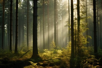  Natural forest of spruce trees, sunbeams through fog create mystic atmosphere. Generative AI