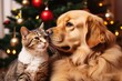 Cat and dog near the Christmas tree. Generative AI