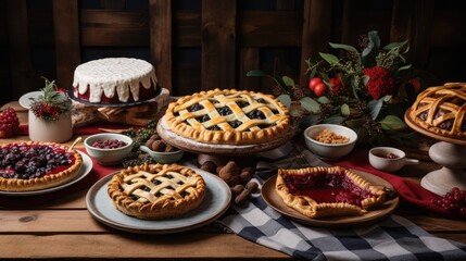  a table topped with pies and pies covered in frosting next to bowls of berries and other desserts.  generative ai