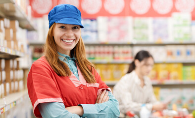 Canvas Print - Confident grocery clerk posing at the supermarket