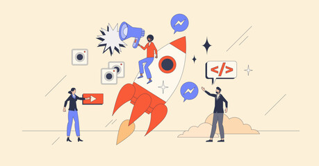 Wall Mural - online marketing and business communication retro tiny person concept. social media advertising and 