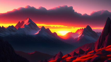 Wall Mural - ai generated illustration of rocky mountains covered in snow at the sunset