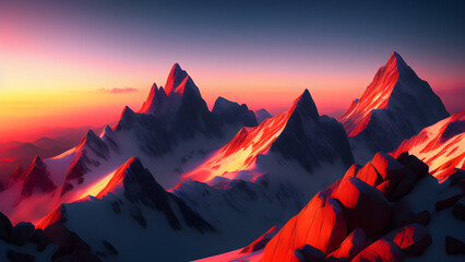 Wall Mural - ai generated illustration of rocky mountains covered in snow at the sunset