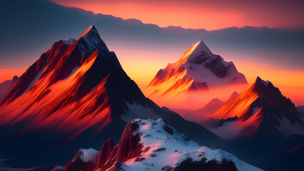 Wall Mural - ai generated illustration of rocky mountains covered in snow at the sunset
