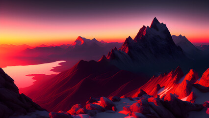 Wall Mural - ai generated illustration of rocky mountains covered in snow at the sunset
