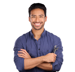 Poster - Portrait, man with spanner or smile isolated on transparent png background in repair solution, maintenance or problem solving. Professional work, person or happy plumber with mechanic tools or wrench