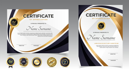 Wall Mural - black and gold certificate of appreciation border template with luxury badge and modern line and sha