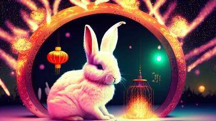 AI generated illustration of a white rabbit in the colorful lights.