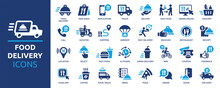 Food Delivery Icon Set. Containing Order Food, Restaurant, Fast Food, Scooter, Application, Deliver, Menu, Grocery, Take Away And More. Solid Vector Icons Collection.