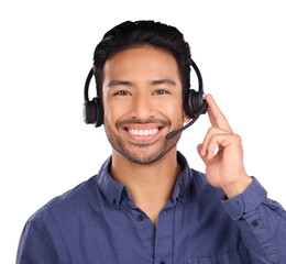 Business man, call center and headphones for communication, customer support and e commerce service. Portrait of Asian consultant with FAQ, help and contact us isolated on transparent png background