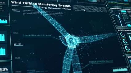 Futuristic wind turbine energy control center interface design, digital data network battery management system, green renewable power technology software, engineering iot HUD information 3d rendering