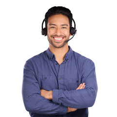 Poster - Man, call center and arms crossed for communication, customer support and e commerce service. Portrait of Asian agent or business consultation with contact us isolated on transparent, png background