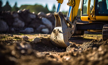 A Powerful Yellow Digger Excavates Soil At A Construction Site, Symbolizing Progress In Industry.