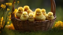 Basket With Small Yellow Chickens On The Grass