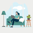© Wirahadi - Woman sit  on sofa with laptop. Concept illustration for working, studying, education, work from home. Flat. Vector illustration.