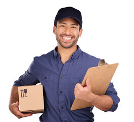 Wall Mural - Delivery man, boxes and checklist for courier service, logistics and retail distribution or supply chain. Portrait of asian worker with package, clipboard or documents on transparent, png background