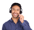 © Suresh/peopleimages.com - Consultant man, call center and headphones for communication, customer support and e commerce service. Portrait of Asian agent for business FAQ and contact us isolated on transparent, png background