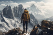 a man with backpack stand in front of high mountain in winter,back view of a man stand in front of high mountain cover with snow,generative ai